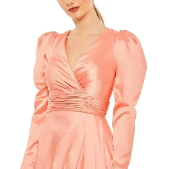 Mac Duggal Faux Wrap Puff Shoulder Long Sleeve A-Line Gown Peach Size 12 12404 Dresses